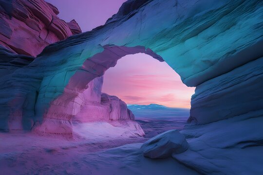 Vibrant sunset illuminates rock arch in remote desert landscape during twilight hours