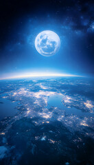Earth at Night, Moon Above