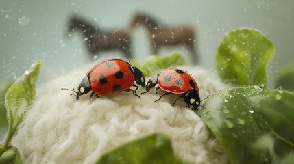 Obraz premium Two vibrant ladybugs resting on the soft wool of a sheep, with glistening raindrops in the background.