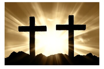 Two dark crosses silhouetted against a radiant golden sky backdrop