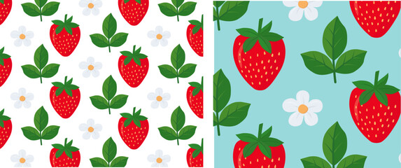 Set of seamless patterns with strawberries. Vector pattern with red strawberries. Red berries, flowers and green leaves background. Seamless print with strawberries for printing on paper and fabric.