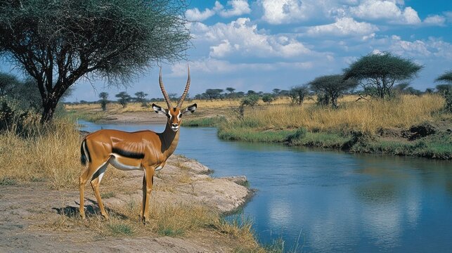 Impala by river in savanna.  Possible stock photo use