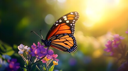Naklejka premium Golden Monarch: A vibrant monarch butterfly perches delicately upon a cluster of colorful wildflowers, basking in the warmth of the golden sunlight, a perfect embodiment of nature's beauty.