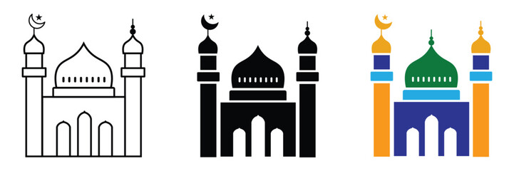 mosque icon set. beautiful islamic mosque icon. mosque and crescent moon. ramdadan kareem. eid mubarak. masjid sign. vector illustration on transparent background