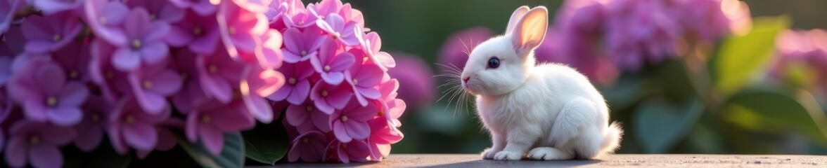 Fototapeta premium - Fluffy white rabbit sitting in front of vibrant purple hydrangea bush, rabbit, animal