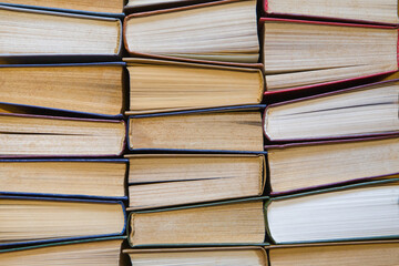 Stack of old books close up. Education background. Back to school.