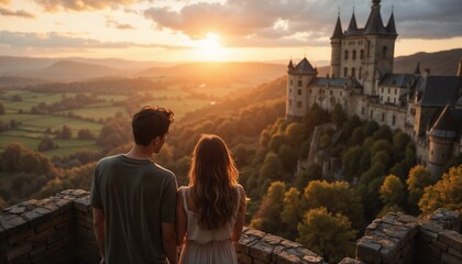 Couple admiring sunset view together at castle overlooking beautiful landscape 
