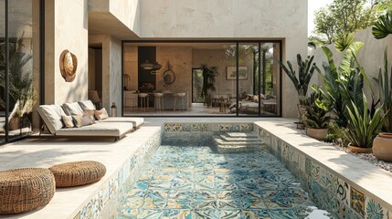 Tropical villa's sun-drenched patio pool