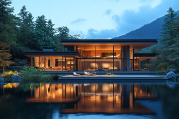Obraz premium Modern lake house with expansive glass reflecting in water