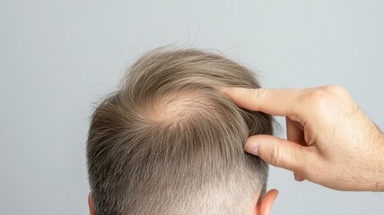 Fototapeta premium Close-up of a man examining his thinning hair from the back, highlighting concerns about hair loss and grooming.