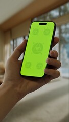 GREEN SCREEN CHROMA KEY A hand holding a smartphone in a cozy living room with a festive Christmas setting. Perfect mockup for holiday shopping, or festive apps