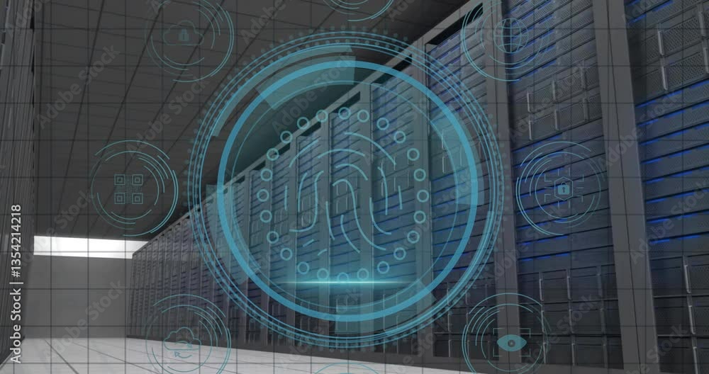 Poster overlaying animation, digital security icons on data center server racks