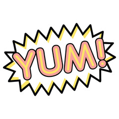 Comic Styled YUM! Text in Burst Shape with Pastel Colors, Black Outline on White