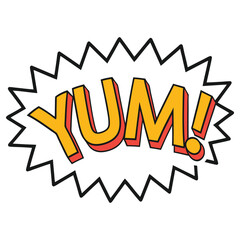 Cartoon Yum Speech Bubble with Red Shadow and Black Outline on White Background
