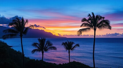 Obraz premium hawaiian sunset palm trees ocean landscape