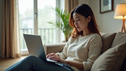 Naklejka premium A woman relaxing on a couch with a laptop, enjoying a peaceful moment indoors.