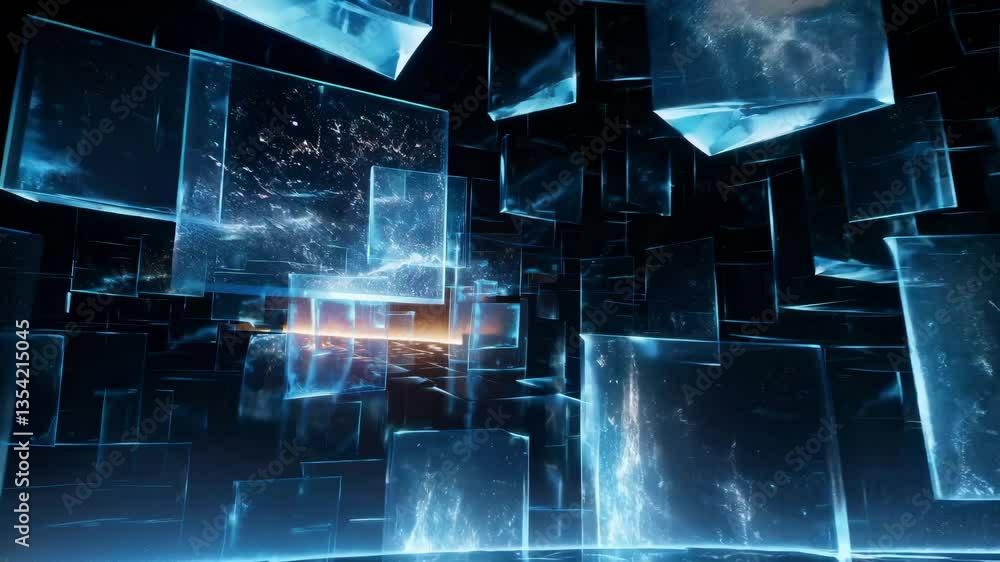 Poster futuristic video concept with floating translucent cubes in a digital space. low-angle view emphasiz