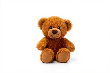 Obraz premium light brown plush teddy bear with ultra-soft mohair fur, sitting upright against a pure white background, featuring round black glass eyes and a small stitched nose, ideal for children’s product photo