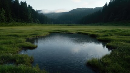 Obraz premium Tranquil meadow pond nestled in a serene valley, surrounded by misty, dark forest