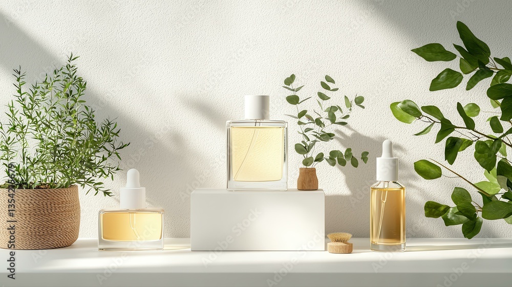 Poster minimalistic display of elegant perfume bottles surrounded by lush greenery and soft sunlight in a s