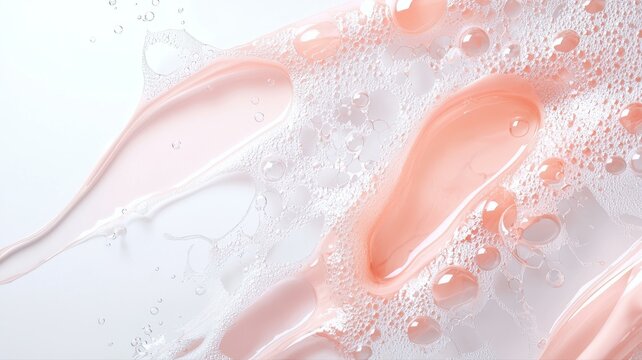 Soft pink liquid textures with bubbles create an ethereal and calming atmosphere, perfect for beauty and wellness themes.