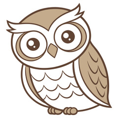 Cartoon Owl Illustration, Big Eyes, Stylized Feathers, Muted Brown Colors, Outline