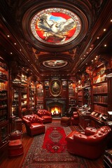 Obraz premium A luxurious room contains a library and fireplace and seating