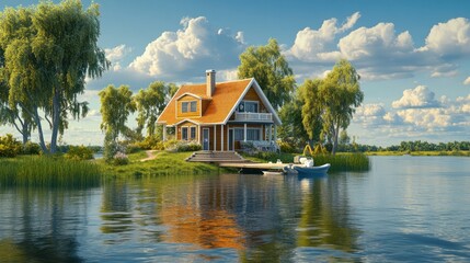 Obraz premium Peaceful home sits lakeside beneath a sunny sky with clouds
