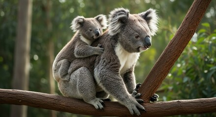 Mother Koala with Baby on Back in Natural Forest Habitat &ndash; Adorable Wildlife Moment