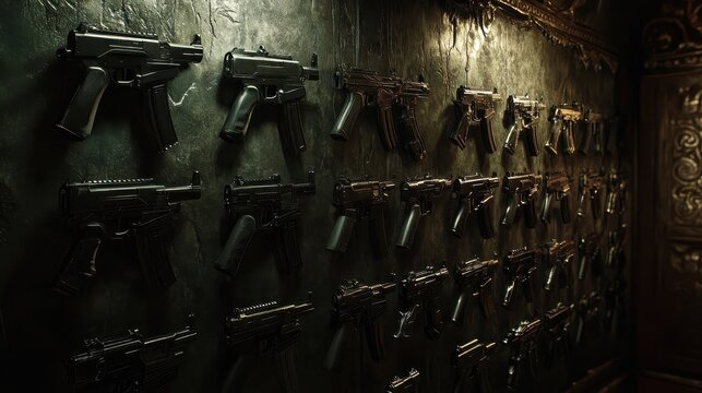 wall of guns dark metal weapons collection
