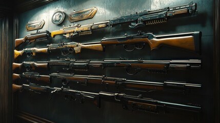 antique firearms collection display on wall