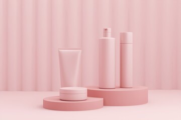 A trio of skincare products featuring a tube and two bottles stands elegantly on a circular display. The soft pastel background enhances the calming aesthetic.