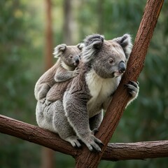 Obraz premium Mother Koala with Baby on Back in Natural Forest Habitat – Adorable Wildlife Moment