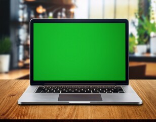 modern laptop with green screen mock up on a wooden table