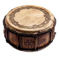 A Wooden Irish Bodhran Drum with Carved Handle and Celtic Symbols Isolated on Transparent Background