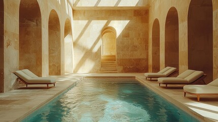 Obraz premium Sunlit indoor pool in a luxurious, arched stone spa