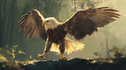 majestic bald eagle landing in forest
