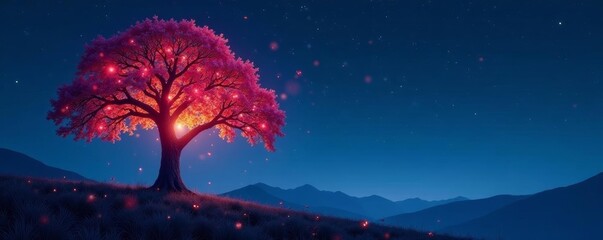 Glowing tree adorned with geometric digital elements in night sky, luminescent, artwork