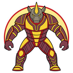 Cartoon Armored Rhino Superhero with Horn, in a Powerful Stance, on White Background