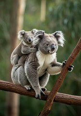 Mother Koala with Baby on Back in Natural Forest Habitat – Adorable Wildlife Moment