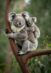 Mother Koala with Baby on Back in Natural Forest Habitat &ndash; Adorable Wildlife Moment