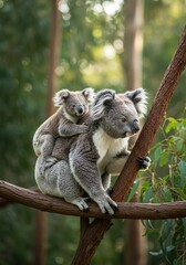 Naklejka premium Mother Koala with Baby on Back in Natural Forest Habitat – Adorable Wildlife Moment