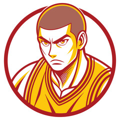 Stern Asian Man Clipart. Male character in a Yellow and Red Outfit in Circular Frame