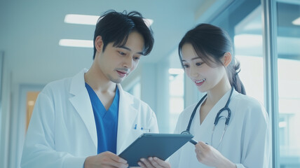 Fototapeta premium タブレットで患者情報を確認する医師と看護師