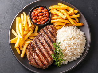Photo of a grilled beef steak with beans, rice, and fries on a plate.