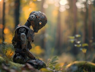 Lost Robot in Autumn Forest
