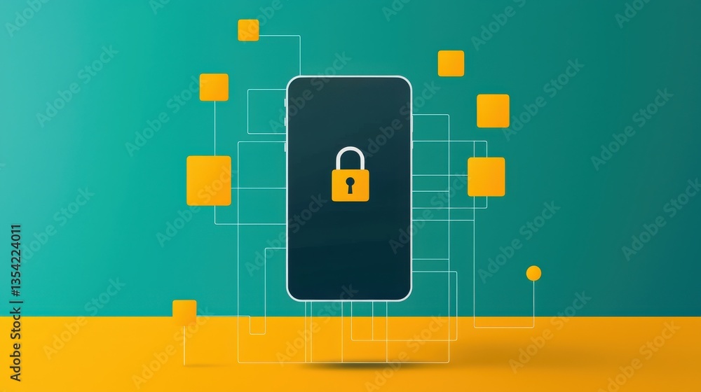 Poster smartphone displaying a lock icon, surrounded by data matrix