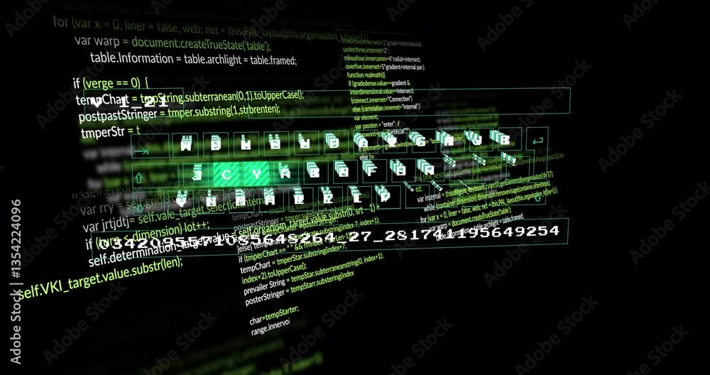 Poster animation of digital code and icons floating over green text on black background
