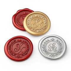 Wax seals in red, gold, and silver colors with monogram on a white background with copy space