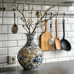 a vase with a cotton branch on the countertop, tilted to one side, has pendants hanging on it, the background there are white plain ceramic tiles, a Russian-style kitchen railing, a wooden spatula